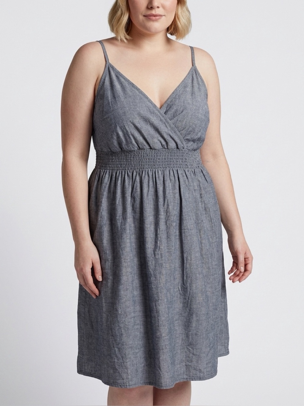 George Chambray 3XL Smocked Waist V-Neck Sleeveless Dress